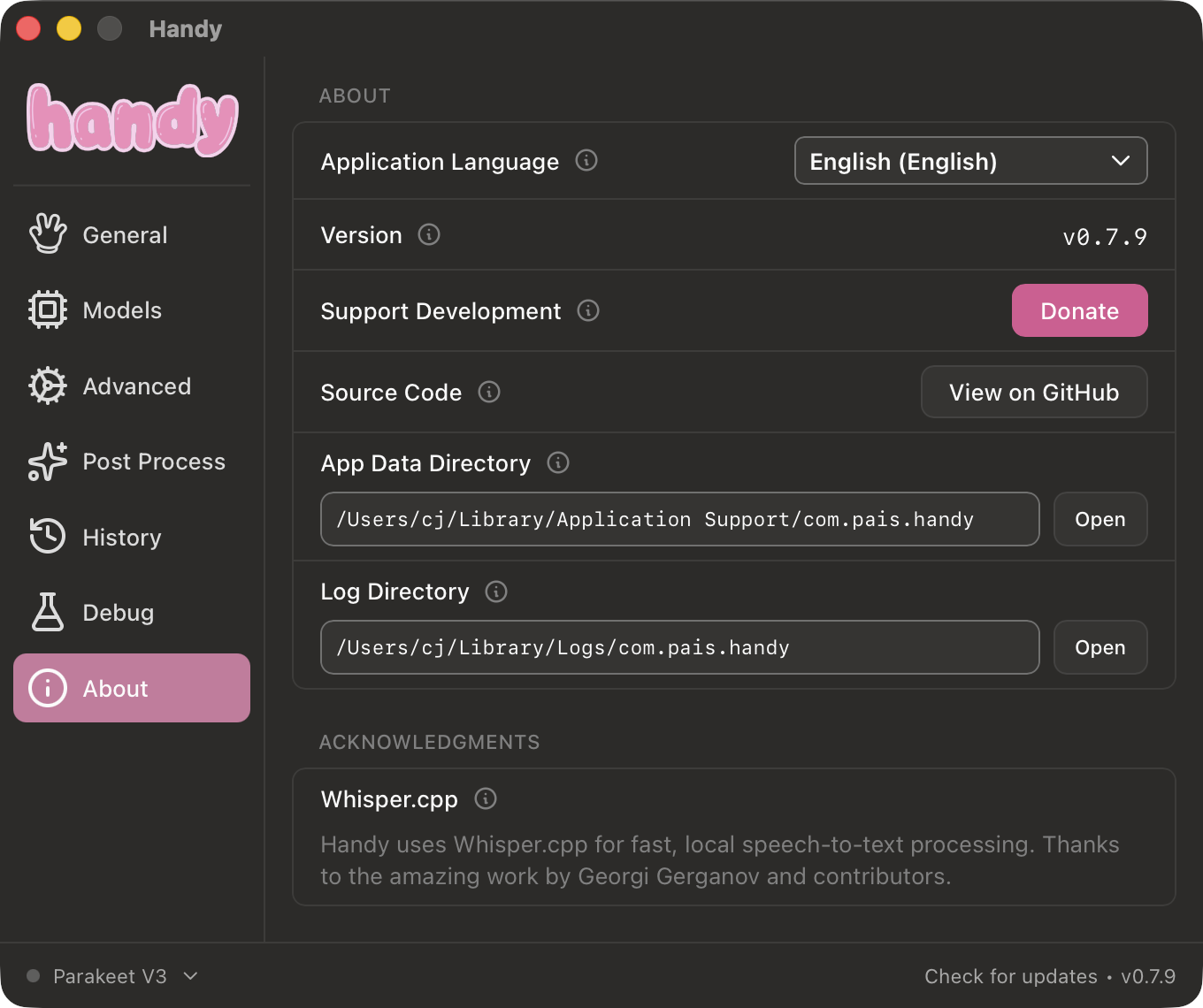 Handy About Settings