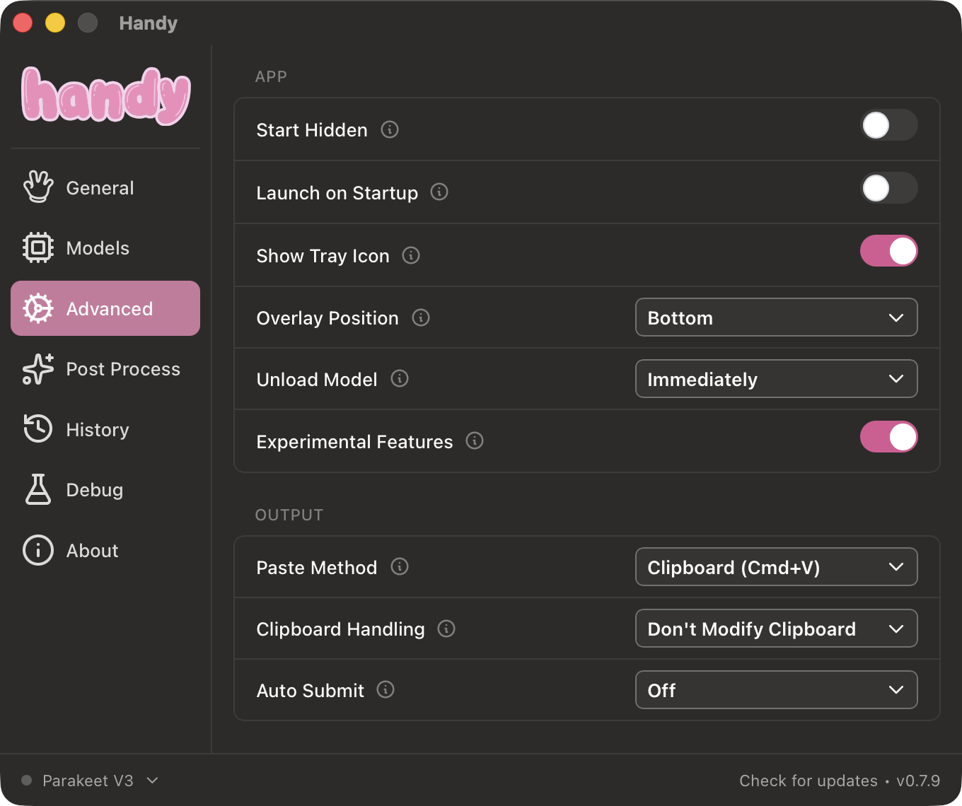 Handy Advanced Settings