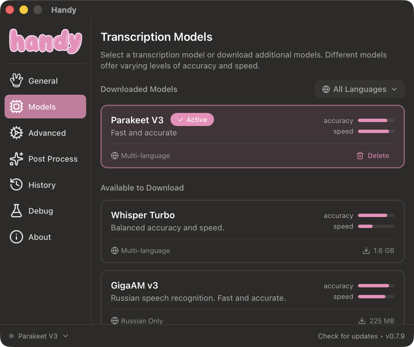 Handy Models Settings